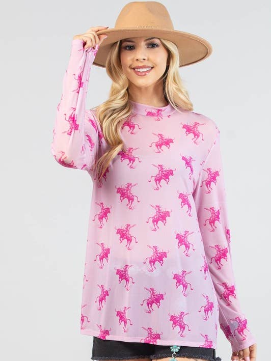 AV1230-LIAM BUCKING HORSE PRINT SEMI SHEER MESH TOP for wholesale by Avery