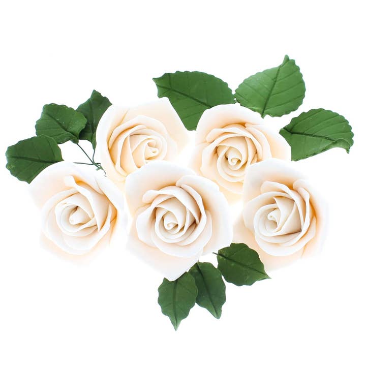 Peace Rose Sugar Flowers with Leaves, Cake Decorating Kit, by Global Sugar Art, Medium, Ivory for wholesale by Global Sugar Art