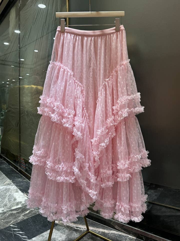 Miss Sparkling - Wholesale Skirt - Women's - Lace ruffle mesh maxi skirt