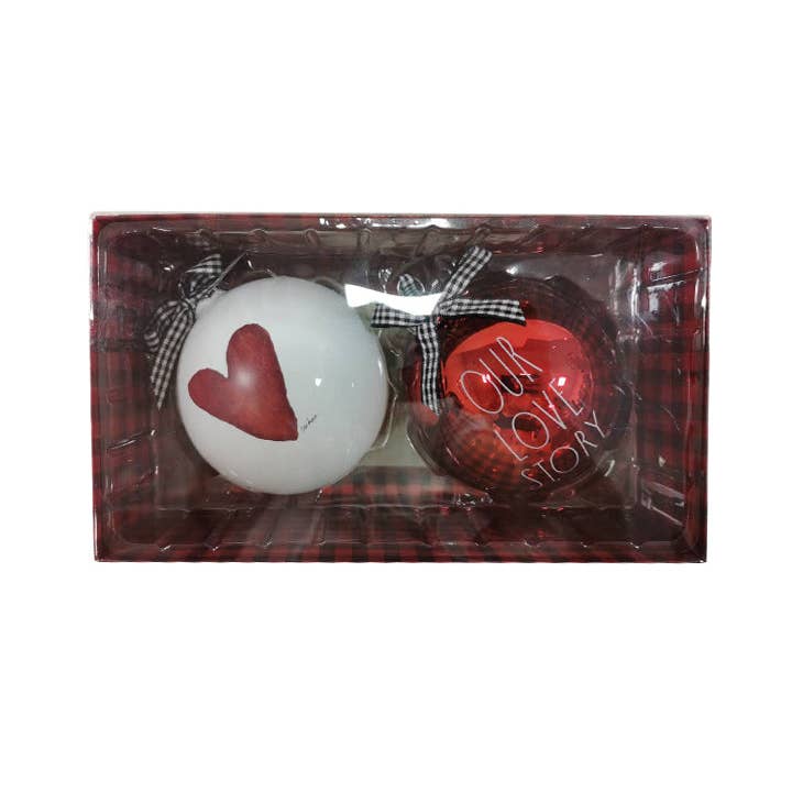 DesignStyles Home - Wholesale Ornament Set - Rae Dunn "Our Love Story" 100mm Glass Ornament Bauble Set (2 Pieces)