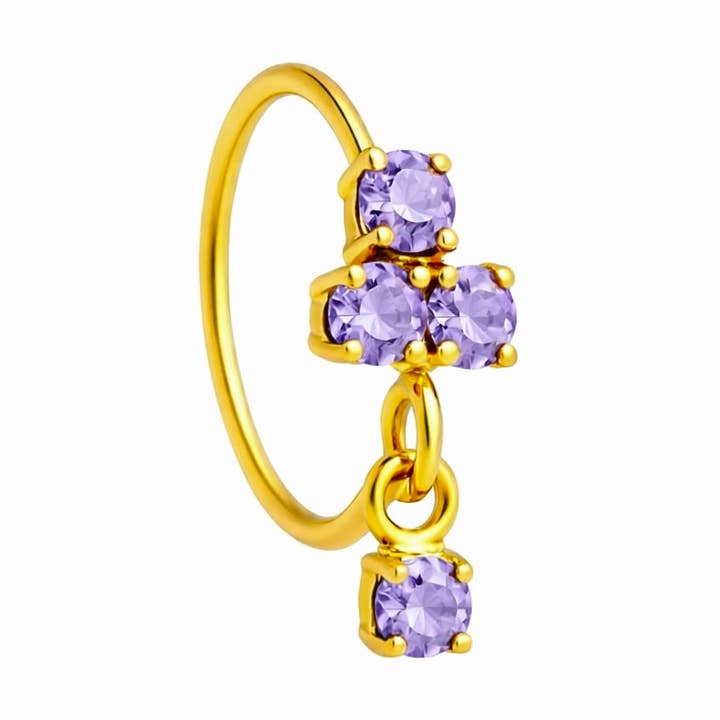 Purple 3 Stone Dainty Gold Small Gem Dangle Nose Ring for a pierced nose for wholesale by Ava’s Accessory Box