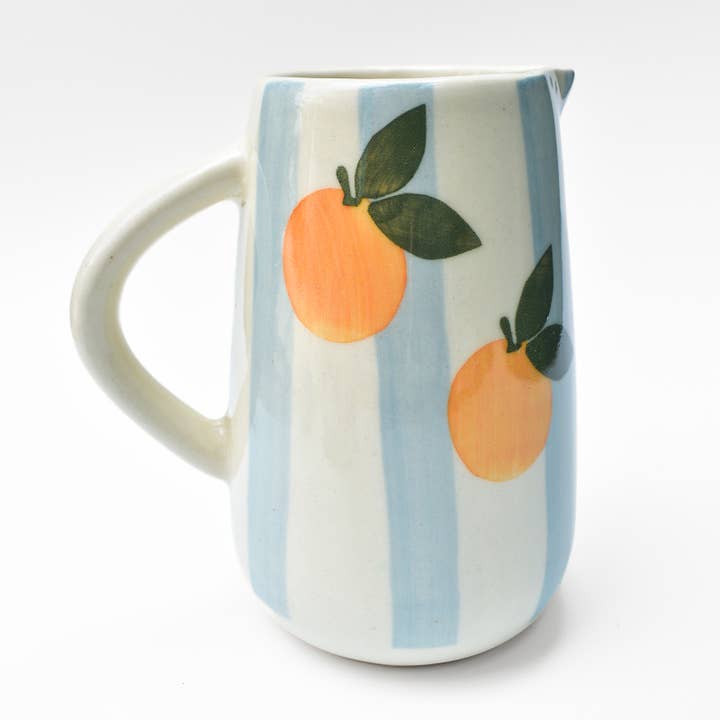 Blue Striped Orange Ceramic Pitcher , 8 x 3.5 Inches for wholesale by Casa Amarosa