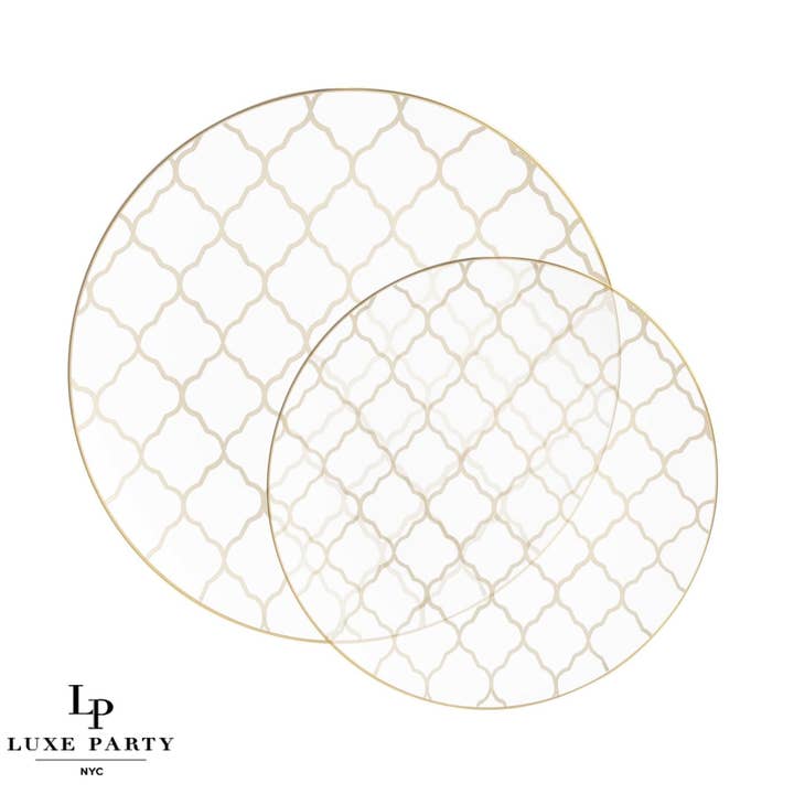 Platos de plástico redondos transparentes con patrón de celosía dorada | Paquete de 10 para venta al por mayor de Luxe Party