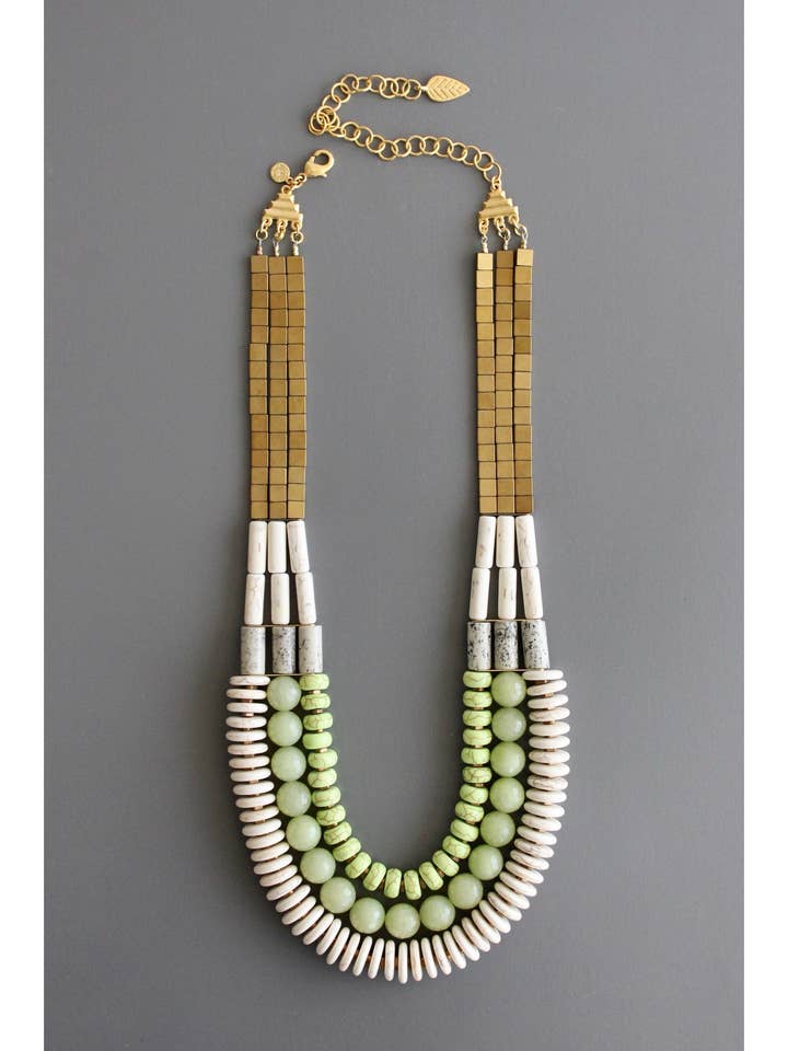 BKN120 Triple strand necklace w/ lime green and white beads for wholesale by David Aubrey Jewelry