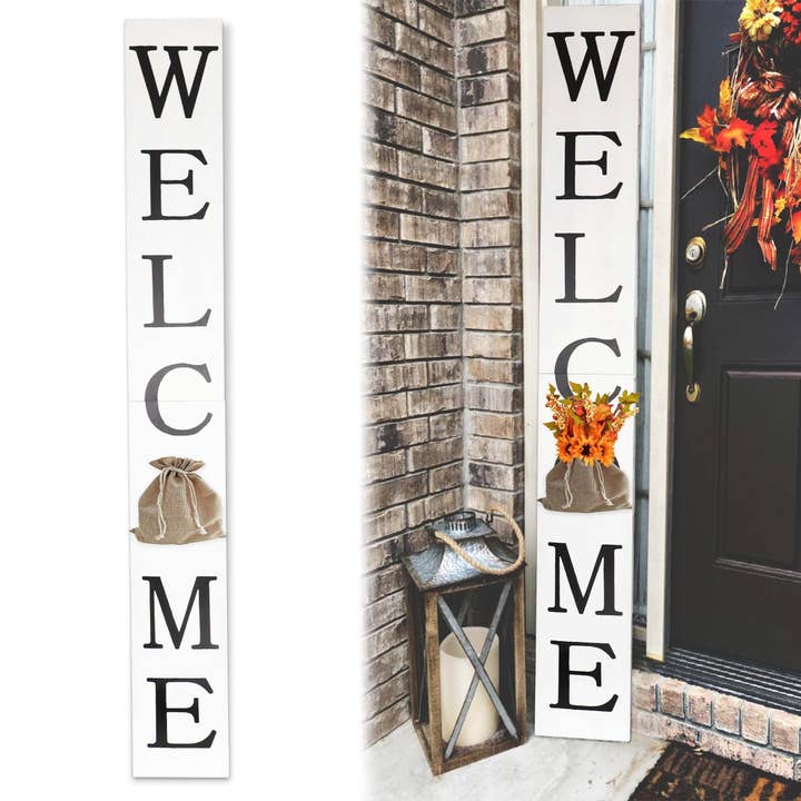 Hoog welkomstbord voor buiten voor de voordeur, 1,8 meter wit welkomstbord met jutezak, rustiek hoog welkomstbord voor de decoratie van de veranda voor wholesale door TX USA Corporation