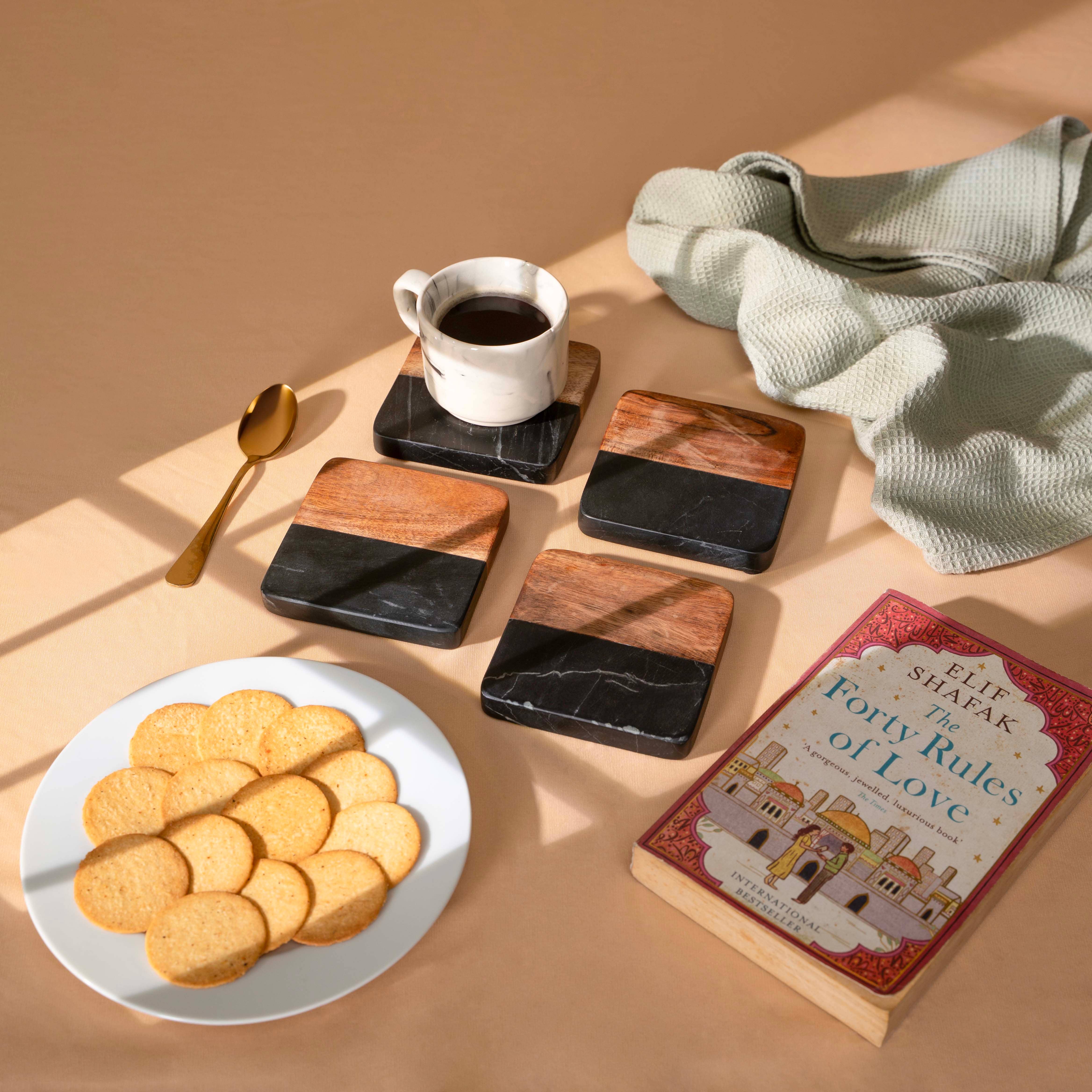 LuxeDesigns Co LLC - Wholesale Coasters - Artisan Marble and Wood Square Coaster Set of 4 - Black10