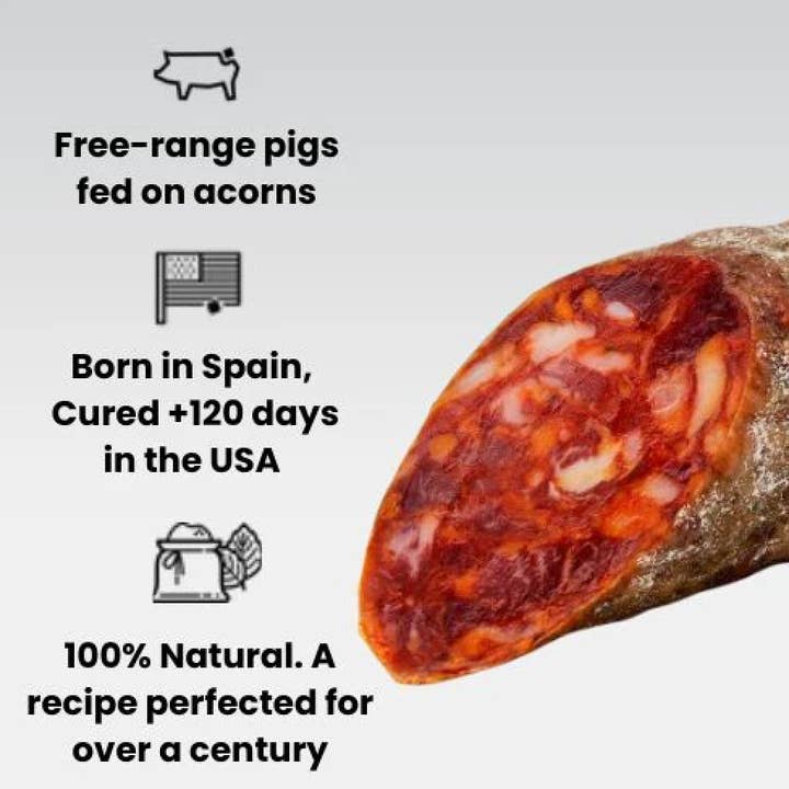 BEHER USA - Wholesale Pork - 100% Ibérico Acorn-Fed Chorizo machine-cut sliced 2oz2