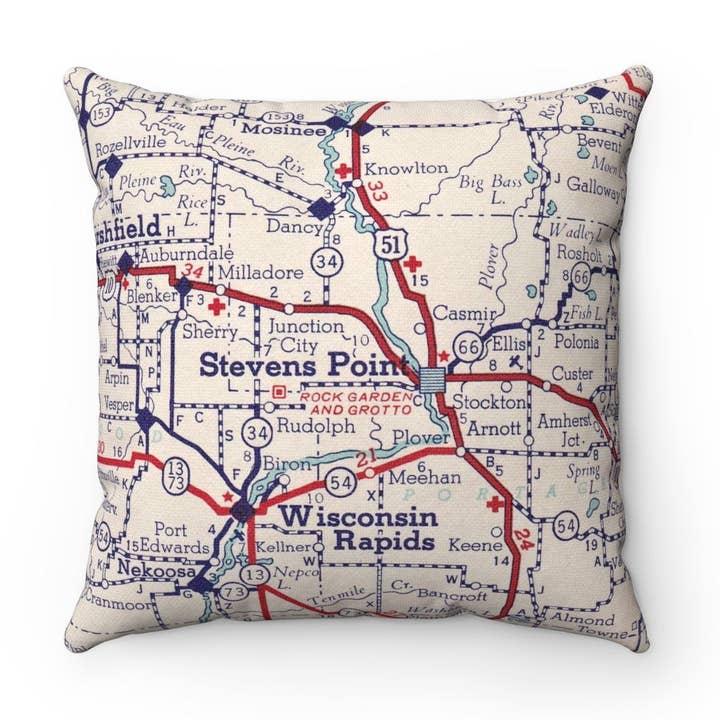 Stevens Point Wisconsin Map Pillow – 18" Square Throw Pillow for wholesale by Daisy Mae Designs