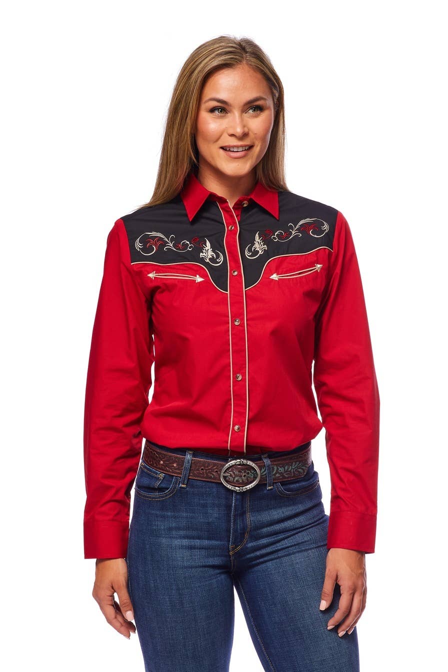 Rodeo Clothing - Vente Chemise à col boutonné – femme - Robe brodée à manches longues d'inspiration western pour femmes58