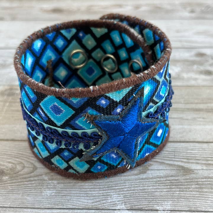 Vintage Fabric Cuff Bracelet Blue start Patch for wholesale by Open Window Studios
