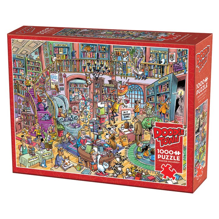 DoodleTown: Bookshop Bedlam 1000pc puzzle for wholesale by Outset Games and Cobble Hill Puzzles