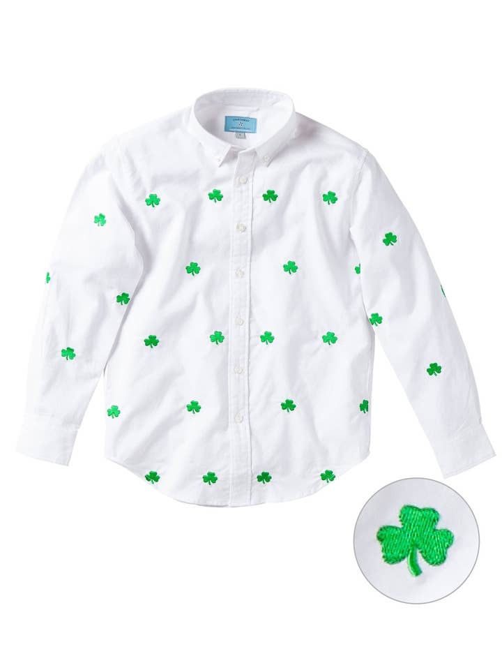 Camicia James Oxford bianca con trifoglio per la vendita all'ingrosso da parte di Castaway Clothing Nantucket Island