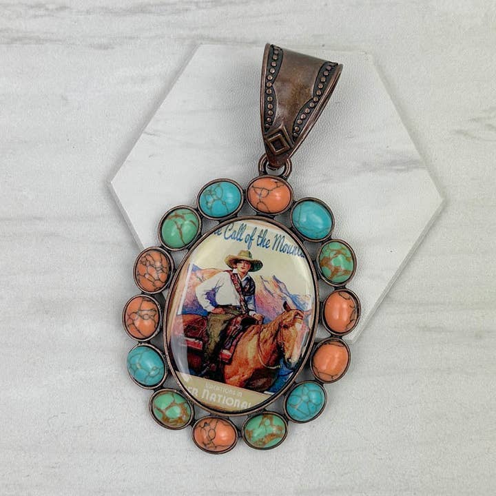 PDS230827-03 Kobber oval med muti farve sten cowgirl pendent for engroshandel hos Western Elite Jewelry
