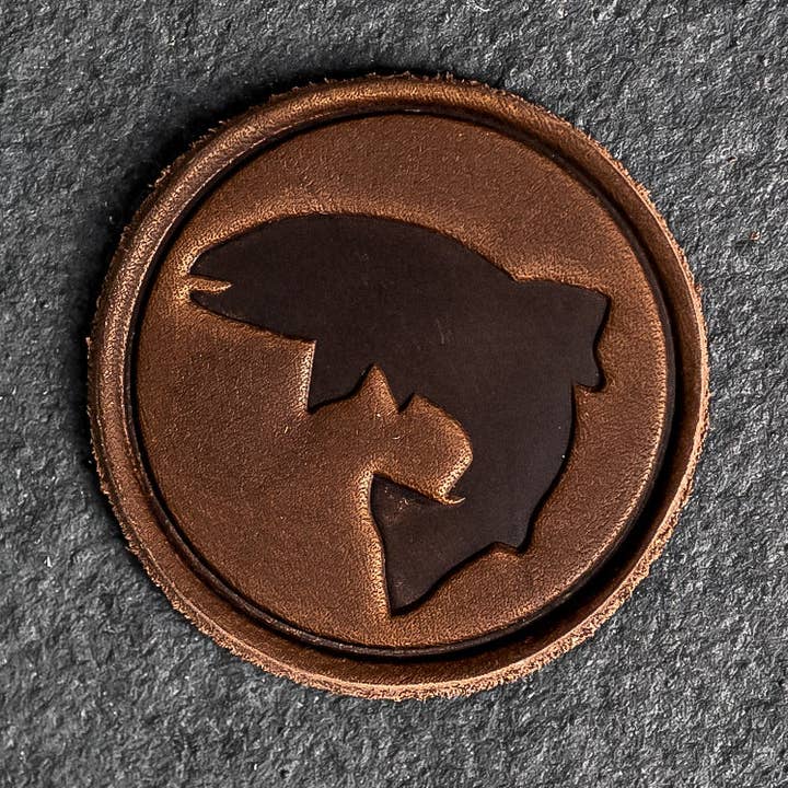 Fish Leather Patches with Optional Hook and Loop Fastener - Circle Patch Jumping Fish for wholesale by Ox & Pine