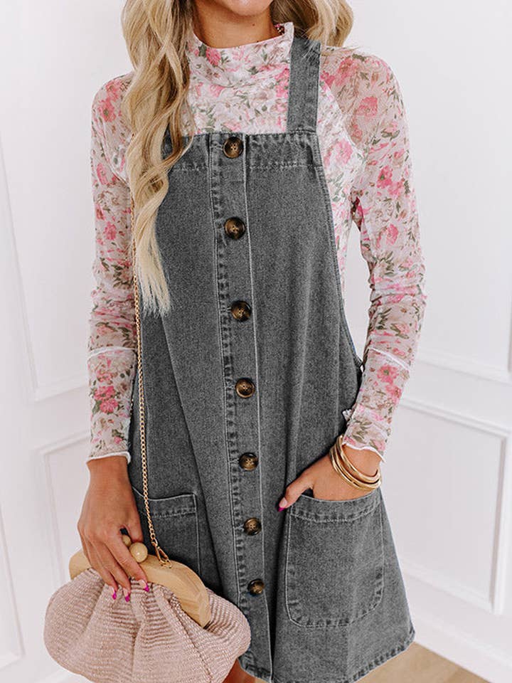 Lovesoft - Wholesale Dress - Women's - Wide Strap Button Front Pocketed Denim Mini Dress