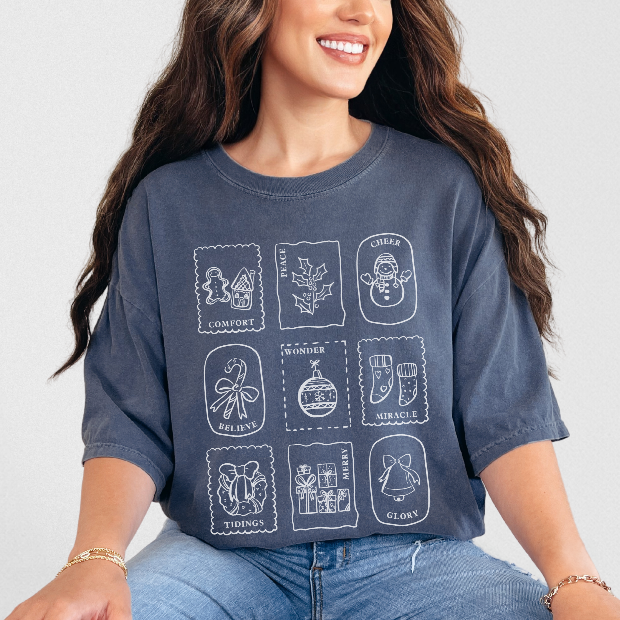 Scripted Pearl - Wholesale Screen Printed T-Shirt - Women's - Christmas Stamps Comfort Colors Holiday Graphic T Shirt8