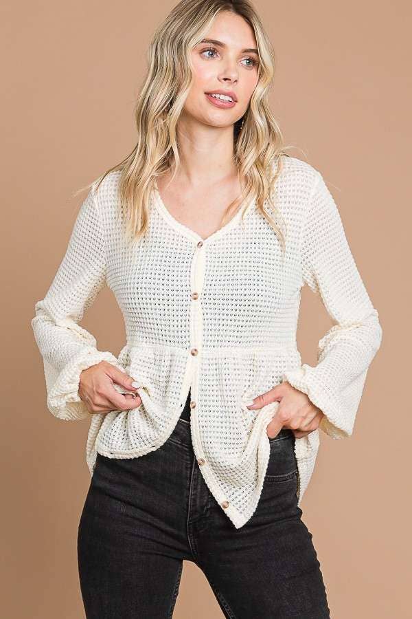 Culture Code - Wholesale Knit Top - Women's - CHT1821L - BUTTON DOWN RUCHING DETAIL LSLV TOP17