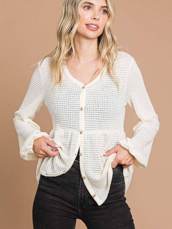 Culture Code - Wholesale Knit Top - Women's - CHT1821L - BUTTON DOWN RUCHING DETAIL LSLV TOP17