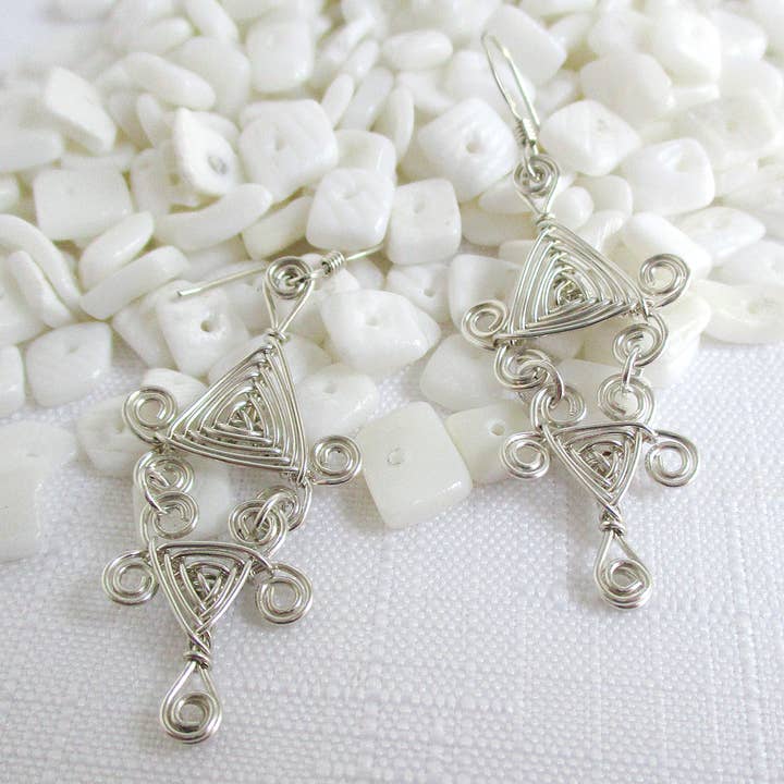 Scroll Double Drop Triangle Ojos Earrings- silver for wholesale by Nicolette Tallmadge Designs