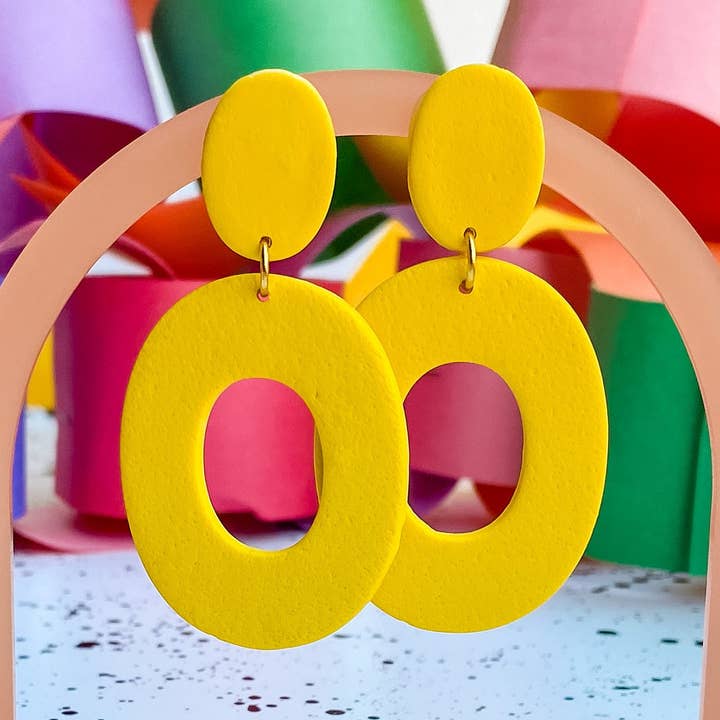 Bright Yellow Polymer Clay Circle Statement Earrings for wholesale by Lauren Likes Art