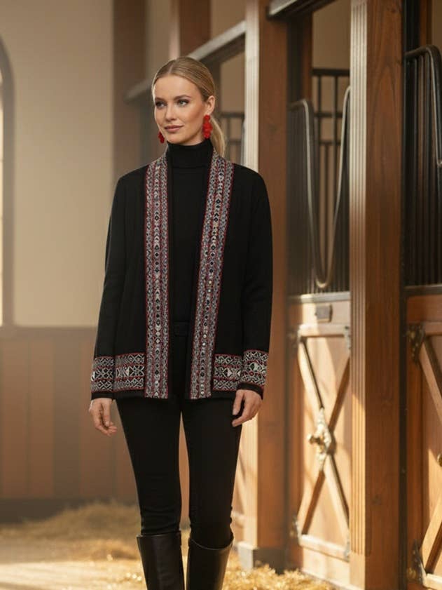 SW-95 Alpaca cardigan geometric trim for wholesale by PERUVIAN PERFECTION
