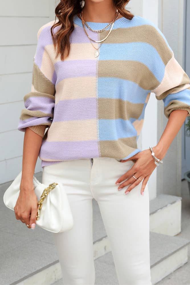 UNISHE - Wholesale Knit Sweater - Women's - Color Block Striped Knit Pullover Sweaters JYYS15210