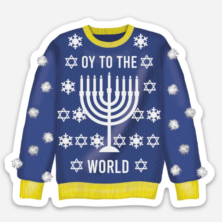 Pull bleu de Hanoukka en vinyle Oy To The World - Juif pour la vente par Slate + Brush Design Studio