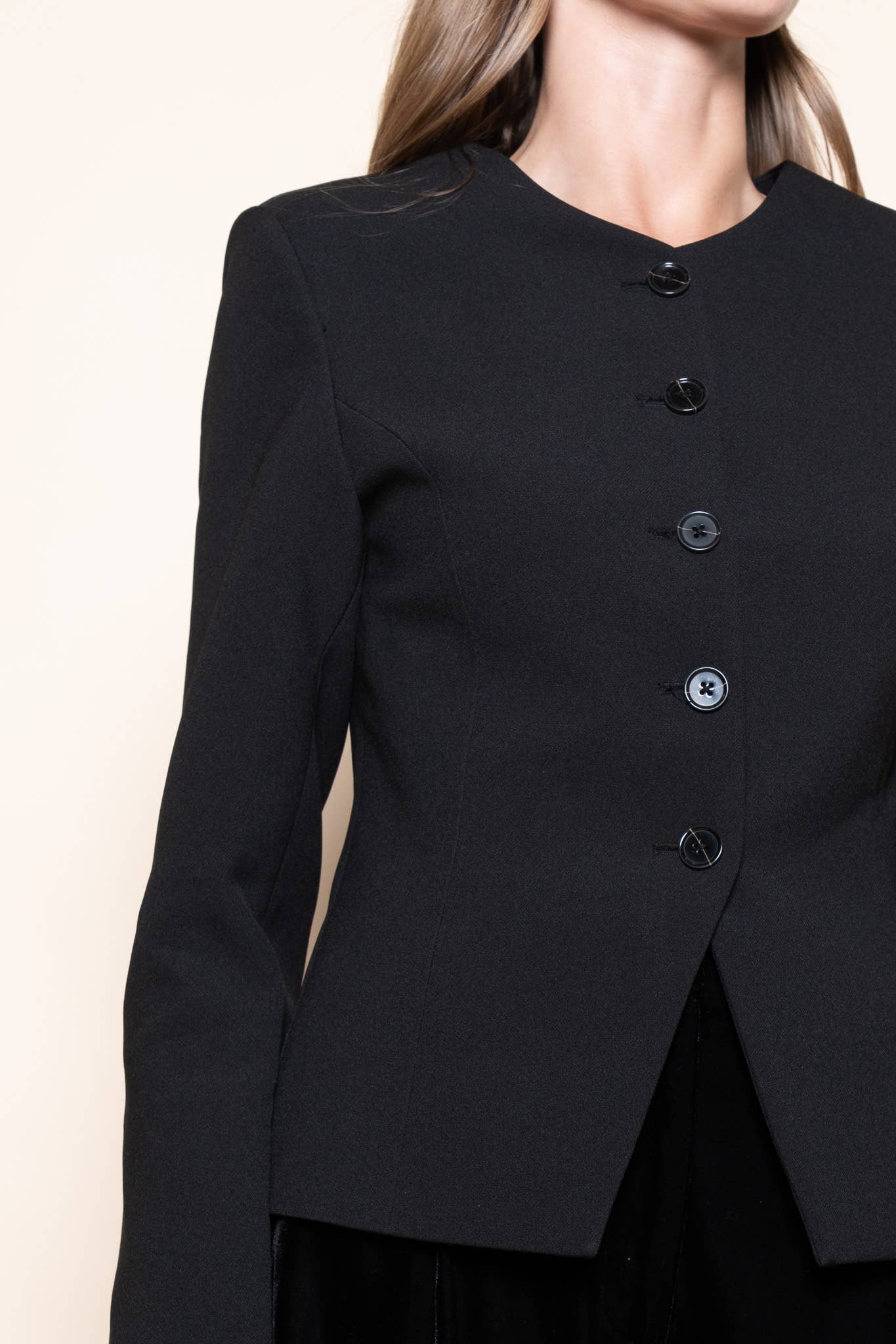 Black BASIC CHIC ROUND NECK BUTTON UP JACKET BLAZER-OI6695FO for wholesale on Faire1