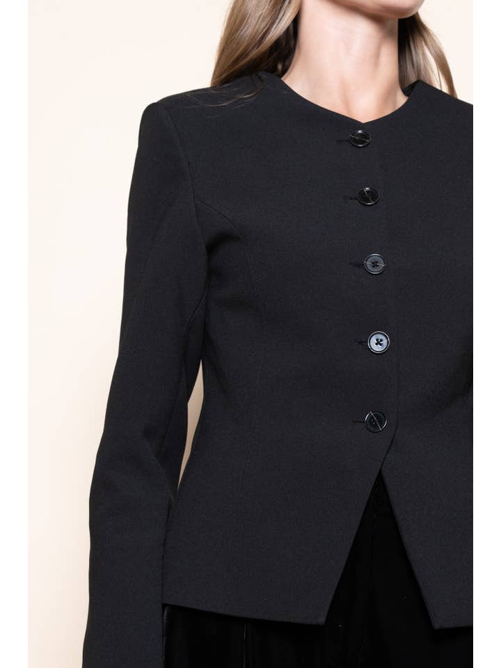 Black BASIC CHIC ROUND NECK BUTTON UP JACKET BLAZER-OI6695FO for wholesale on Faire1