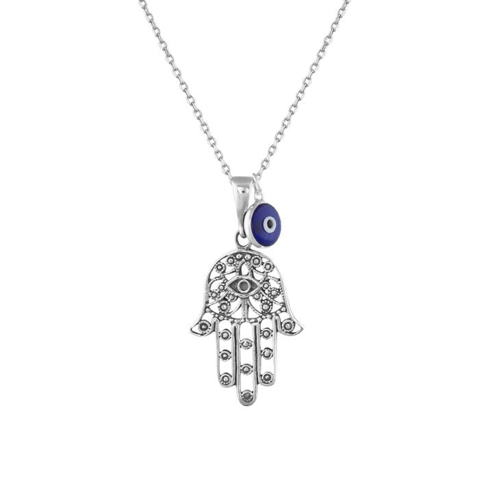 MYSTIC JEWELS - Wholesale Pendant/Charm Necklace - 925 Sterling Silver Hamsa Necklace with a 7mm evil eye charm