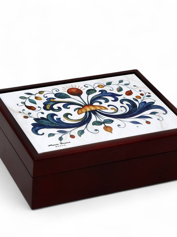 RICCO ITALIA DERUTA: CAJA DE MADERA Forrada caja grande de madera para recuerdos con azulejo impreso - Diseño Ricco Italia Deruta para venta al por mayor de SublimArt