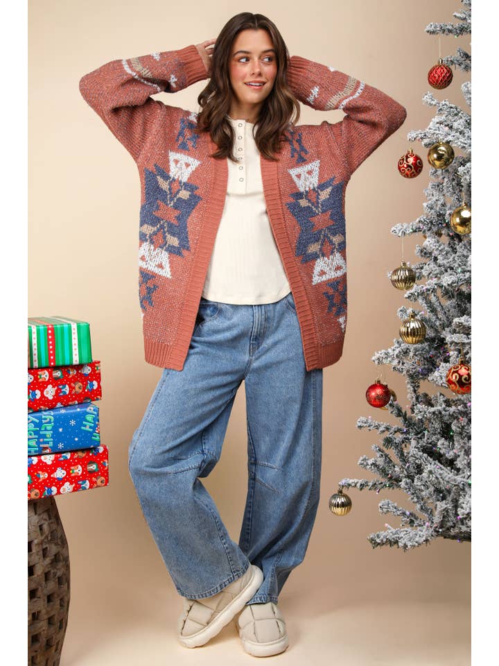 VERY J - Wholesale Cardigan - Women's - 12W3228N-Aztec Printed Oversized Knit Sweater Cardigan