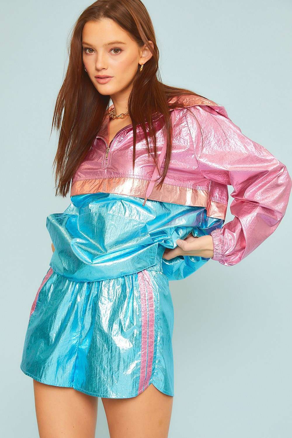 Main Strip - Wholesale Windbreaker - Women's - Color Block Hoodie Metalic Windbreaker5