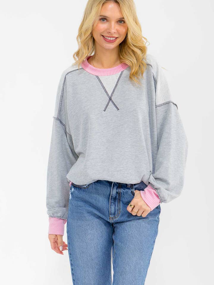 Contrast Trim Exposed Seam Sweatshirt T6181 for wholesale by 7th Ray