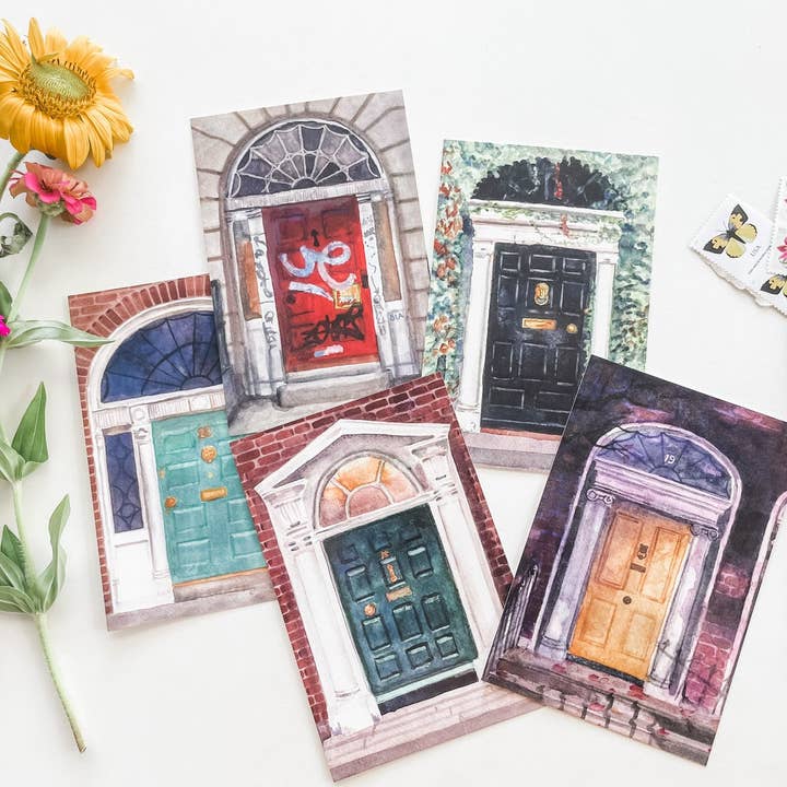 Ensemble de cartes postales de portes de Dublin à l'aquarelle, art de voyage pour la vente par Hen and Chick Art