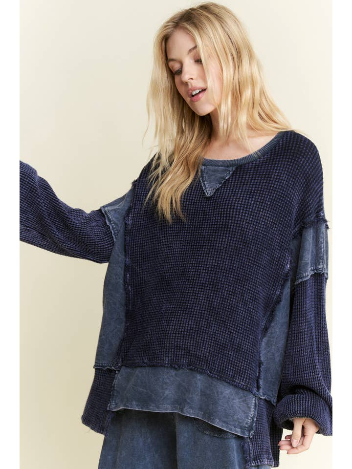 J.Her - Wholesale Sweatshirt - Women's - MineralWash Waffle and terry oversized fall shirt HT5989.