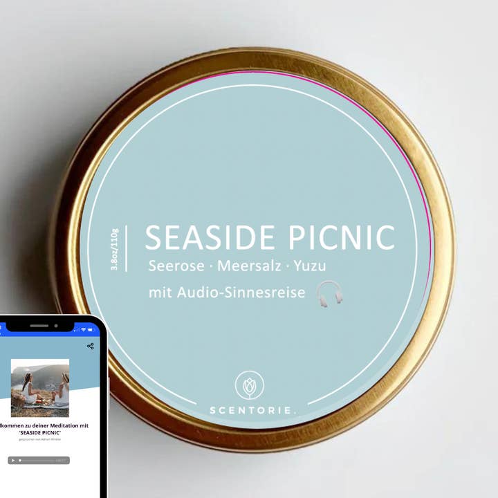 Vela aromática SEASIDE PICNIC de cera de colza con mecha de madera 110 g / 20 h para venta al por mayor de SCENTORIE.