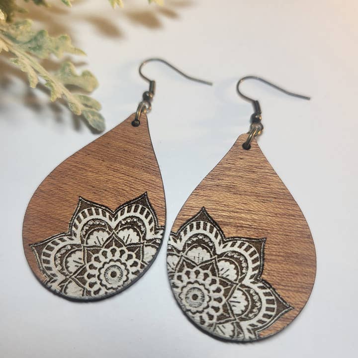 White Lace Engraved Mandala Wood Earrings for wholesale by Elskas Designs