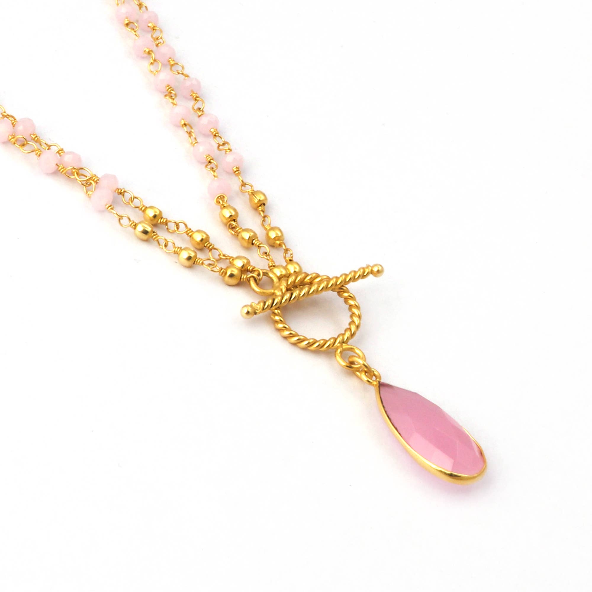 El Joyero - Vendita all'ingrosso Collana con ciondolo/pendaglio - Collana con pendente a goccia in calcedonio rosa placcata oro con perline2