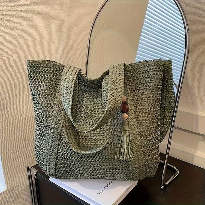 Bolso de playa tejido de paja de color sólido para mujer para venta al por mayor de SALINA TRADING INC