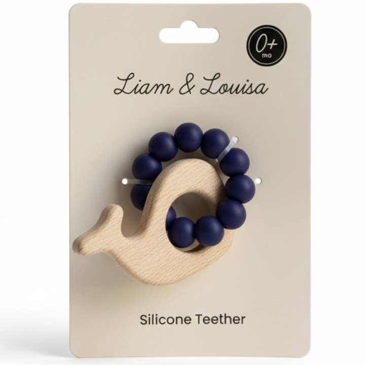 Navy Blue Whale Silicone & Beechwood Teether - Baby Gift  for wholesale by Giften Market