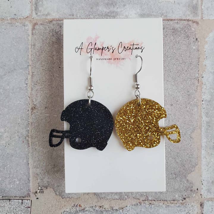 Black & Gold Glitter Acrylic Football Helmet Earrings for wholesale by A Glamper's Creations LLC