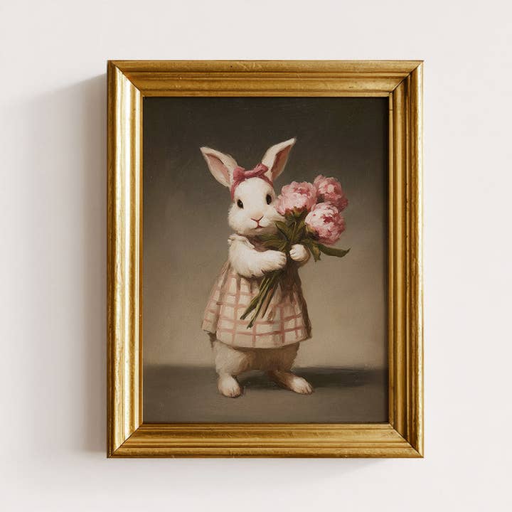 Prairie Bunny Holding Bouquet Of Peonies Art Print for wholesale by Paper House Print Shop