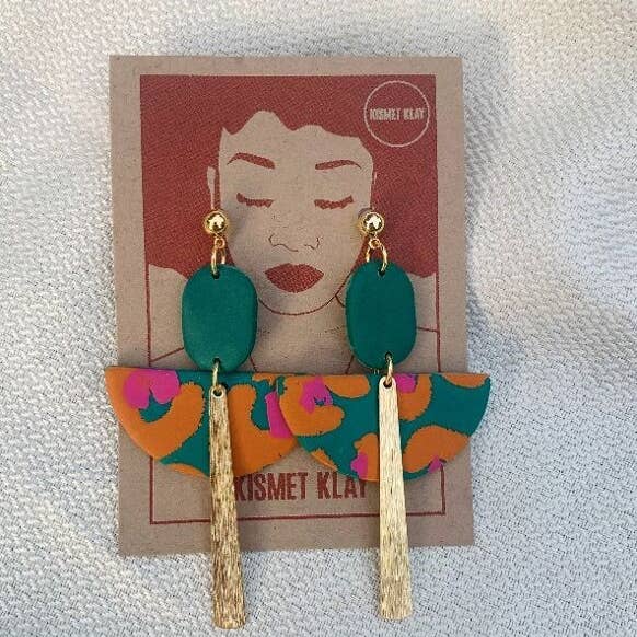 Flame Teal & Orange Art Deco Ball Stud Earring for wholesale by Kismet Klay
