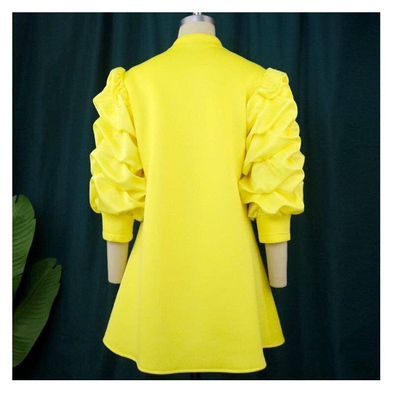 FurDecoration – wholesale Klänning - Dam – Enfärgad kort klänning med ståkrage och veckade ärmar4