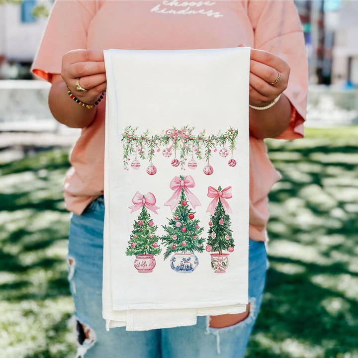 White Cotton Tea Towel-Blush & Baubles - Millennial Christmas for wholesale on Faire5