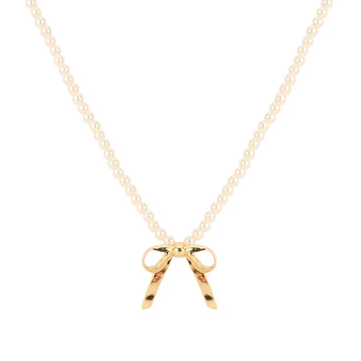 Kaleidoscope Accessories - Wholesale Pendant/Charm Necklace - Pearl Beaded With Gold Bow Necklace
