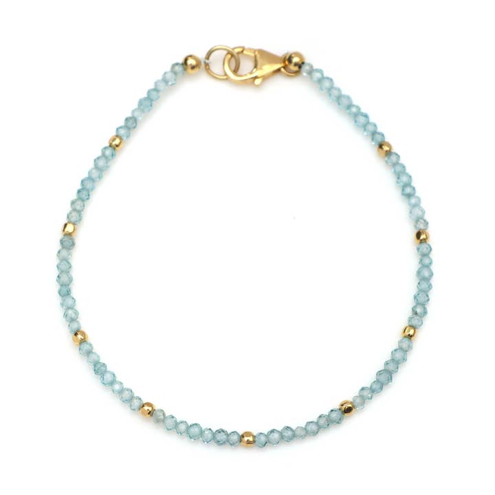 Natural Blue Zircon Faceted Tiny Beaded Charm Bracelet 7" for wholesale by Fine Facets