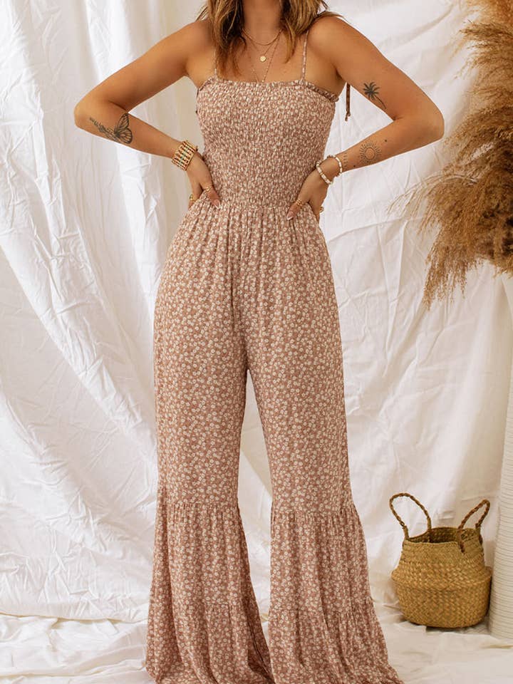 Lovesoft - Wholesale Jumpsuit - Dames - Jumpsuit met smalle bandjes en smockerlijfje en wijde pijpen en bloemenprint18