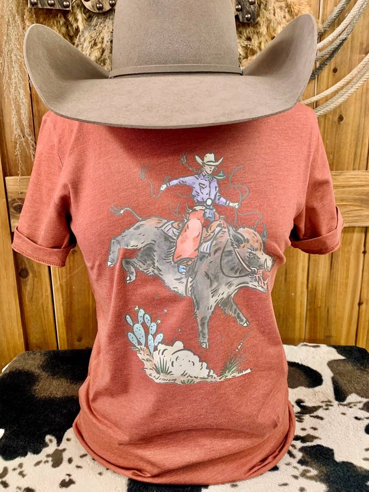 Buckin' Boar Western Graphic Tee - Clay for wholesale by Ranch Girl Gear